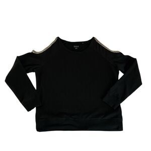 Guess L oversized pullover fleece top, cold shoulder w/ beaded trim